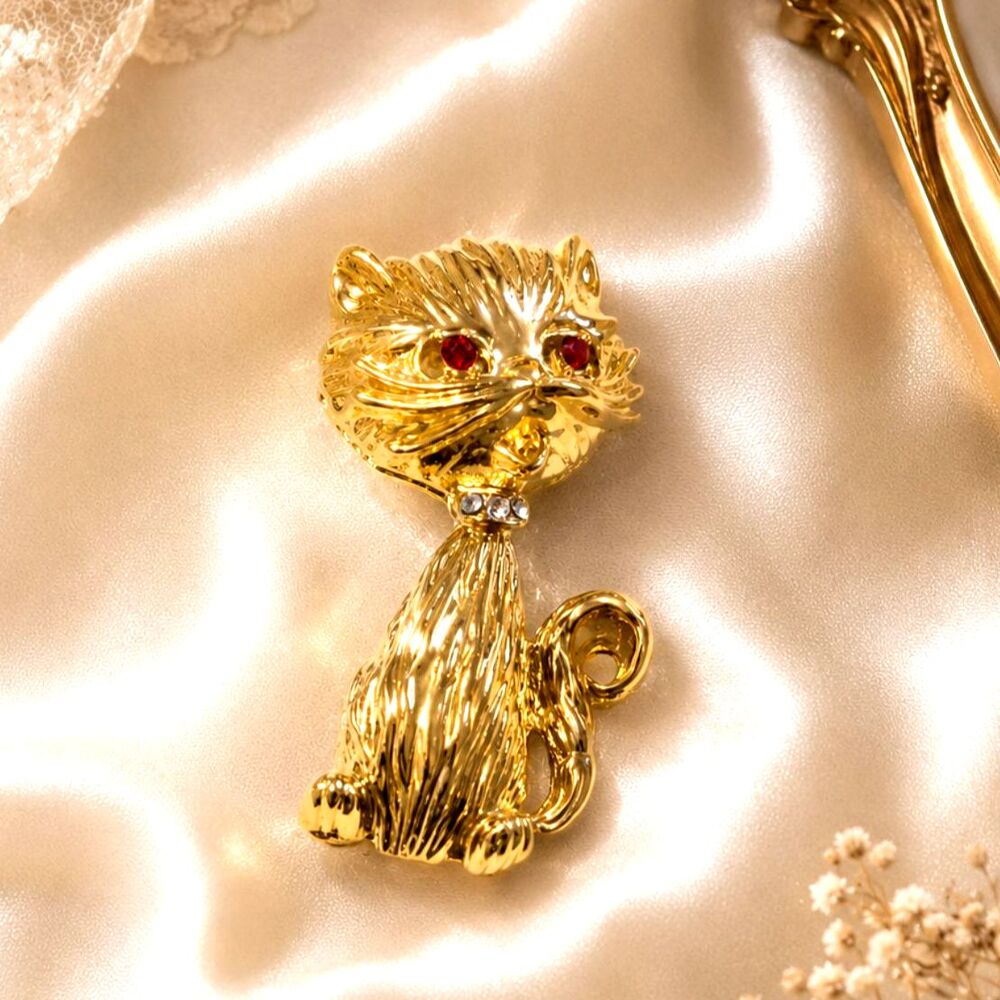 Vintage Gold Tone Rhinestone Accented Cat Brooch
